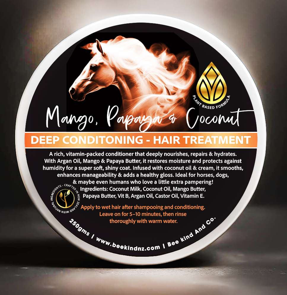 Mango, Papaya & Coconut deep conditioning hair treatment container with horse image on label